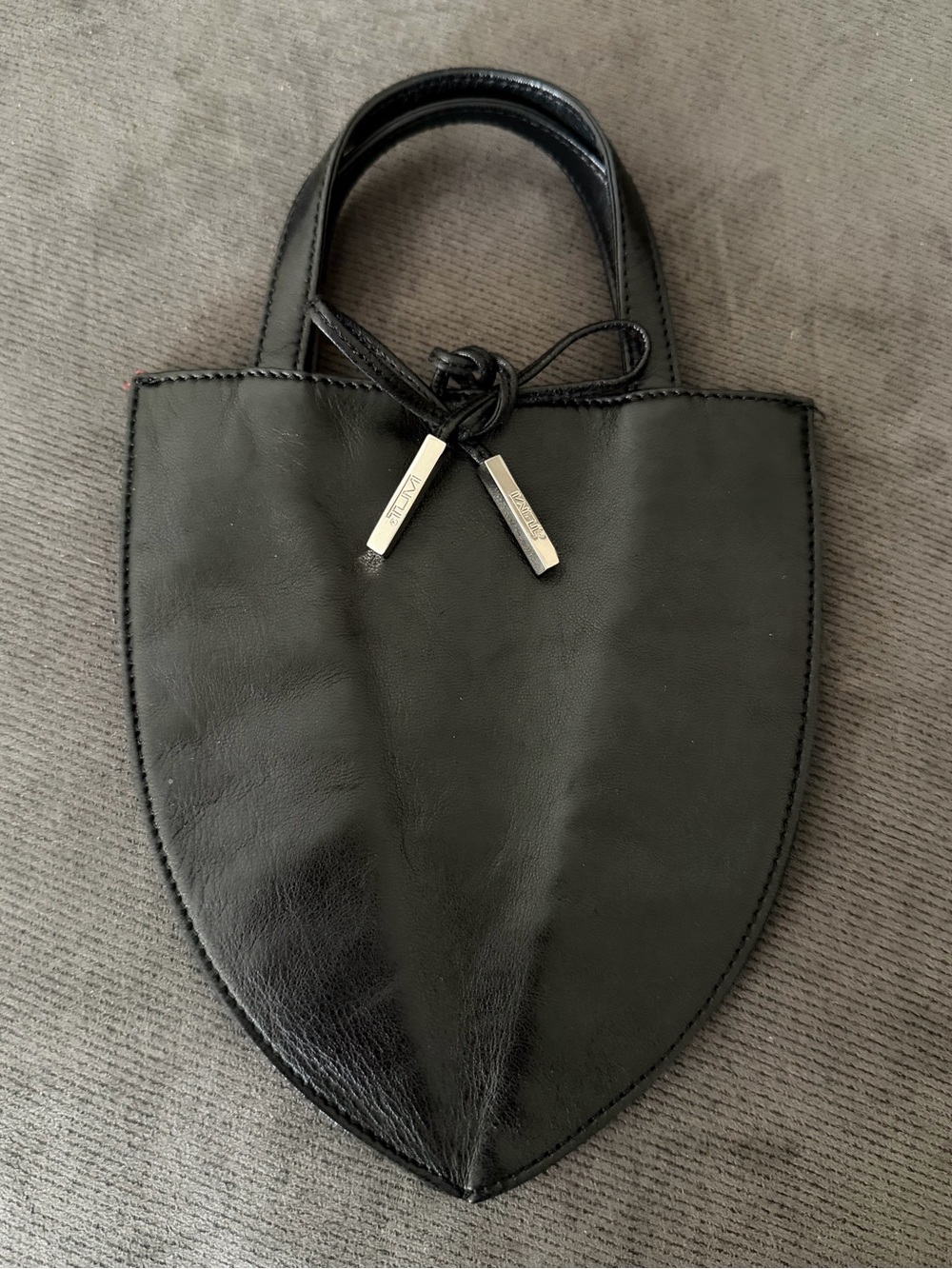 Tumi Petite Fleur Dahlia Purse Tie Top Black Leather Red Satin Shield Tote Bag